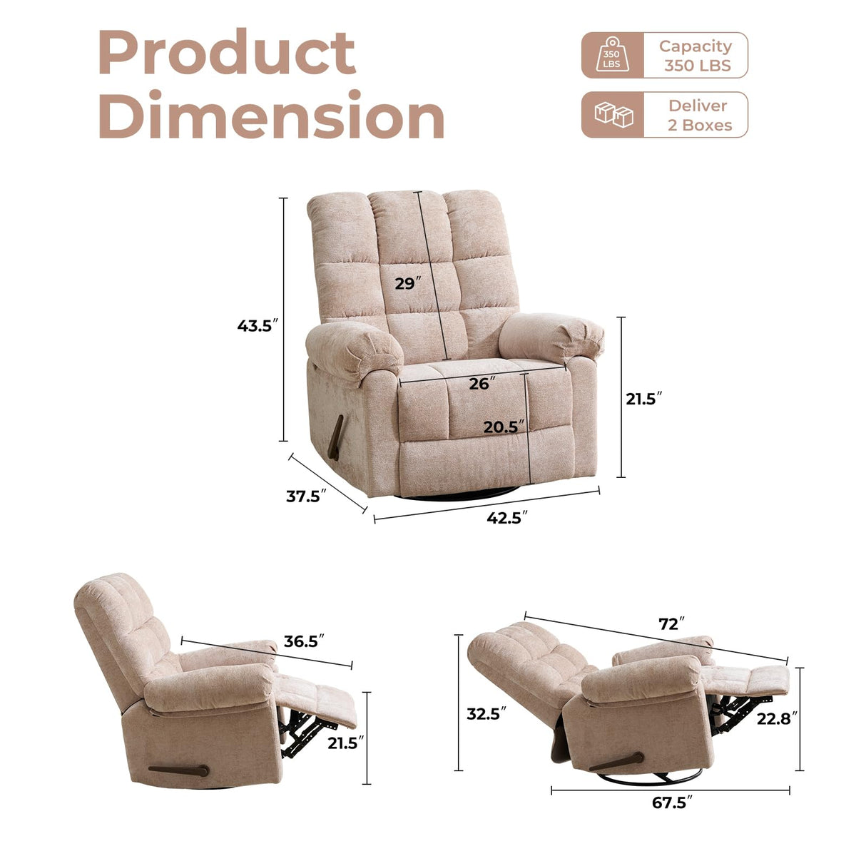 Rhevoy Swivel Rocker Recliner Chair with Heat and Massage, 26" Wide Oversized Rocker Recliner with Overstuffed Backrest,Swivel Glider Recliner for Living Room,Beige Rhevoy