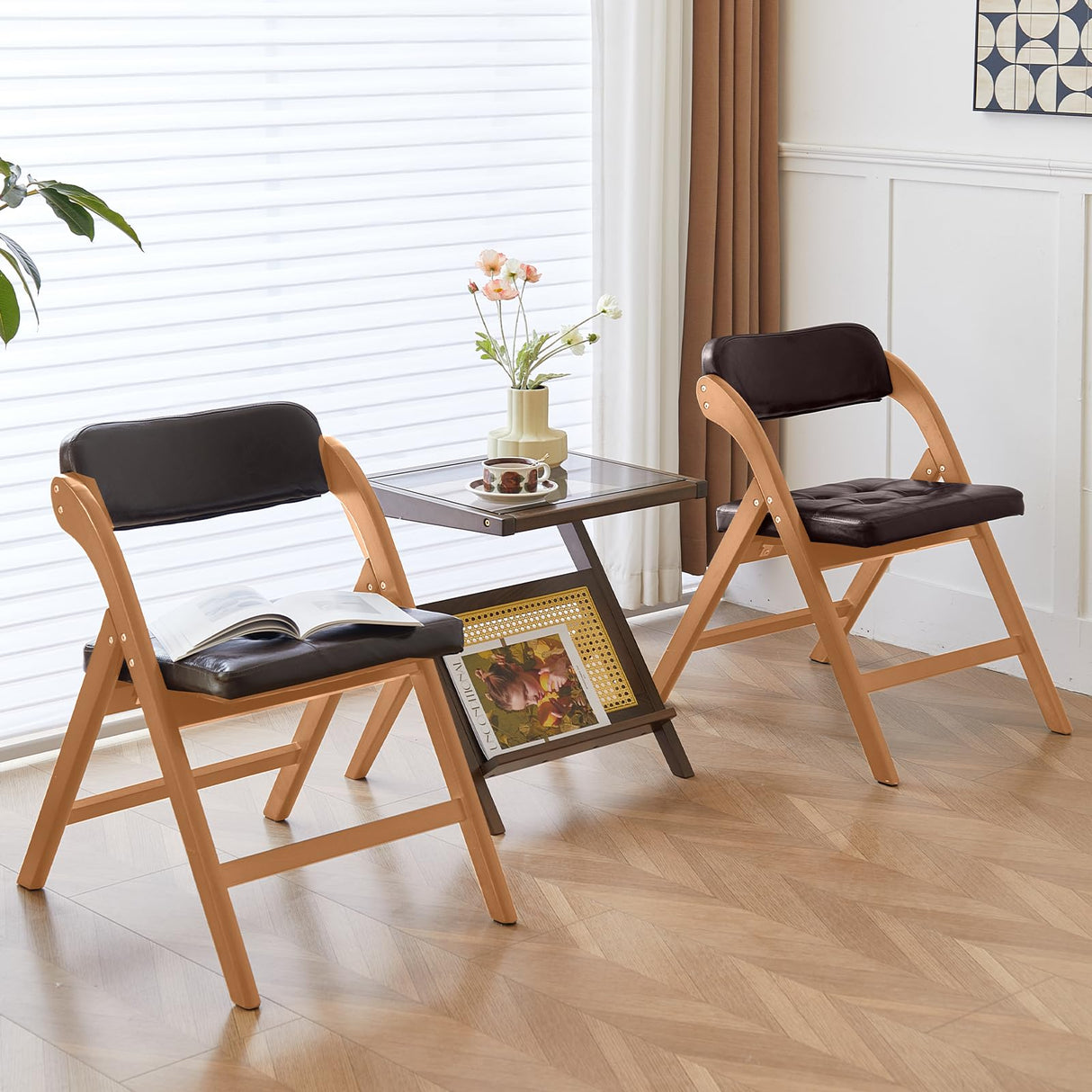 ALeesing Folding Chairs with Padded Seats, Wooden Folding Chairs Set of 2, 31" Stackable Folding Dining Chairs, Folding Extra Chair for Guests Kitchen, Bedroom, Living Room, Party Chairs, Wood Brown ALeesing