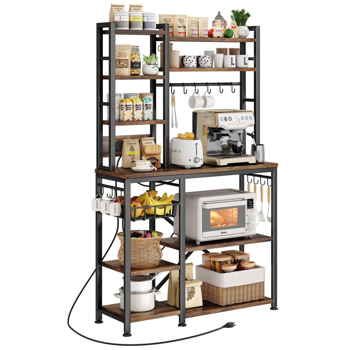 Baker Rack with Power Outlet - Large Microwave Stand with Storage, Kitchen Coffee Bar Station, Rustic Brown and Black, 14.5" D x 36" W x 72" H SAYZH
