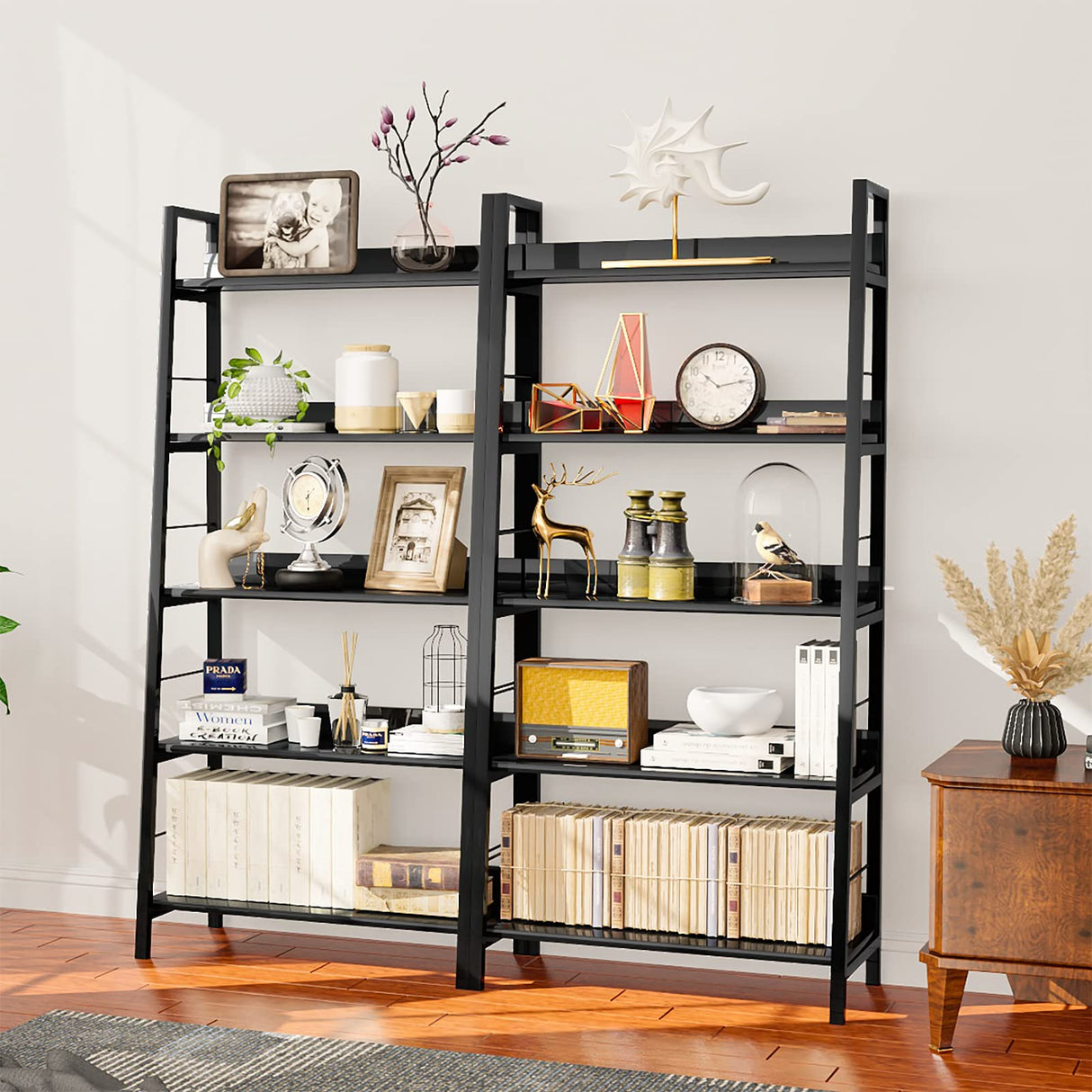 Himimi Black Ladder Bookshelf, 5 Shelf Bookcase Industrial Bookshelf Wood and Metal Bookshelves, Plant Flower Stand Rack Book Storage Shelves for Living Room, Bedroom, Home Office Himimi