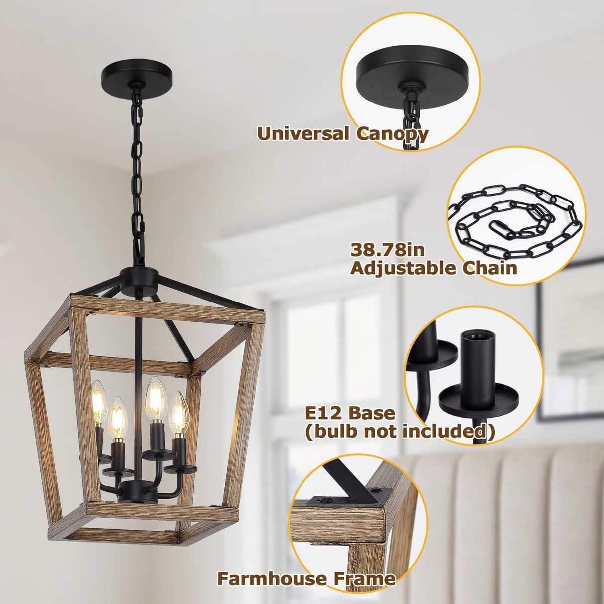 4 Light Farmhouse Chandelier, Rustic Ceiling Light Lantern Light Fixture with Wood Painted Metal Cage and Adjustable Chain, E12 Base Geometric Hanging Light Fixture for Entryway, Kitchen, Indoor Seaside village