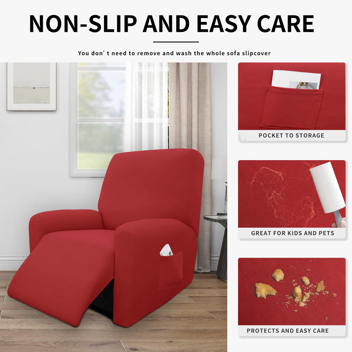Easy-Going 4 Pieces 100% Dual Waterproof Recliner Cover Stretch Soft Couch Cover for Dogs, Sofa Slipcover for Recliner Couch Leakproof Furniture Protector for Kids Christmas Red Easy-Going