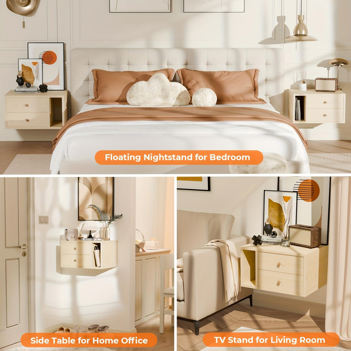 Floating Nightstand Set of 2 with Drawers, Small Bedside End Table with Open Storage Shelf, Modern Floating Night Stand for Bedroom, Wood Wall Mounted Desk with 2 Drawers for Living Room (Natural) Gyfimoie