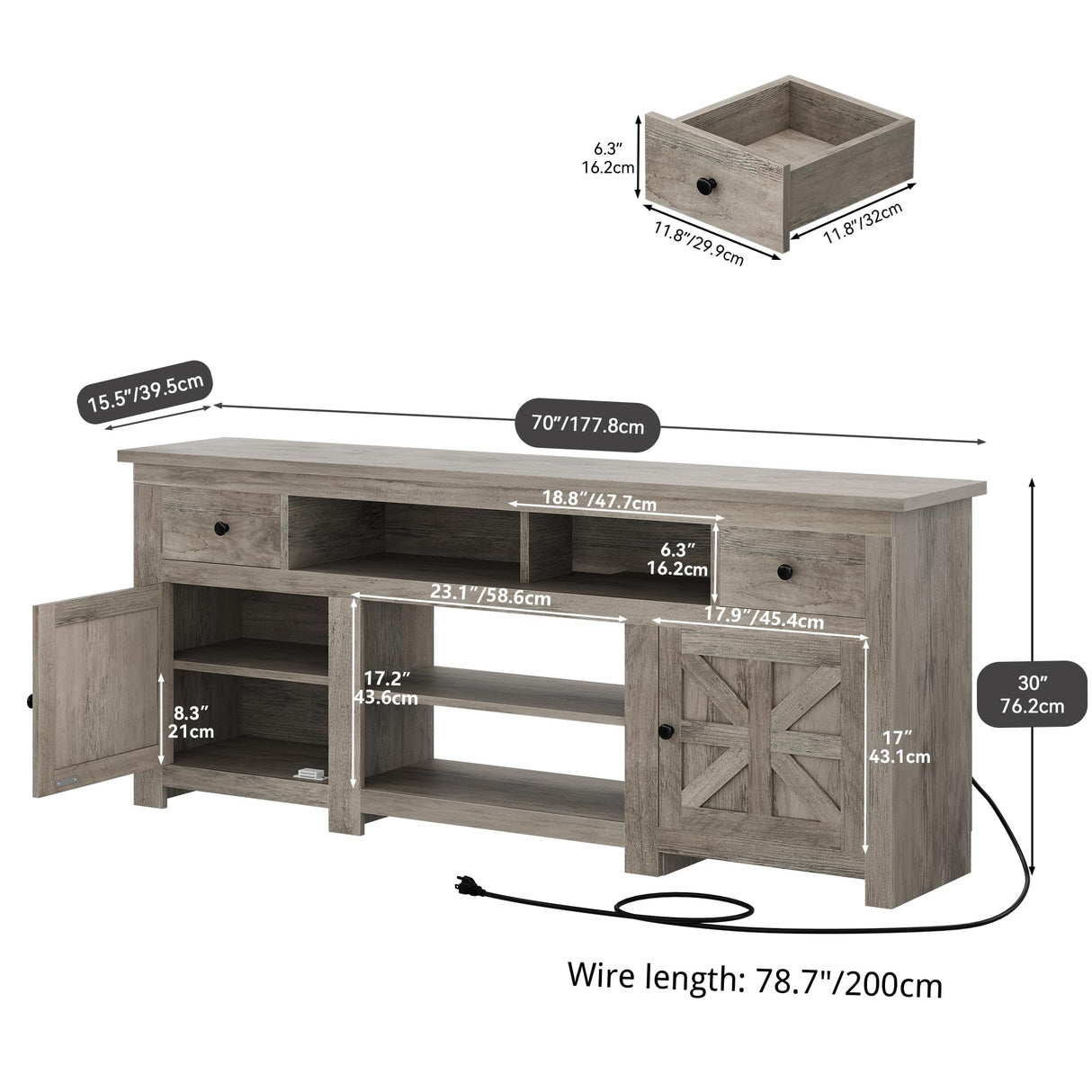 YITAHOME TV Stand for 75/80 Inch TV, Farmhouse Entertainment Center with Storage, 70 Inch TV Cabinet with Drawers and Power Outlet, TV Console for Living Room (Grey Oak) YITAHOME