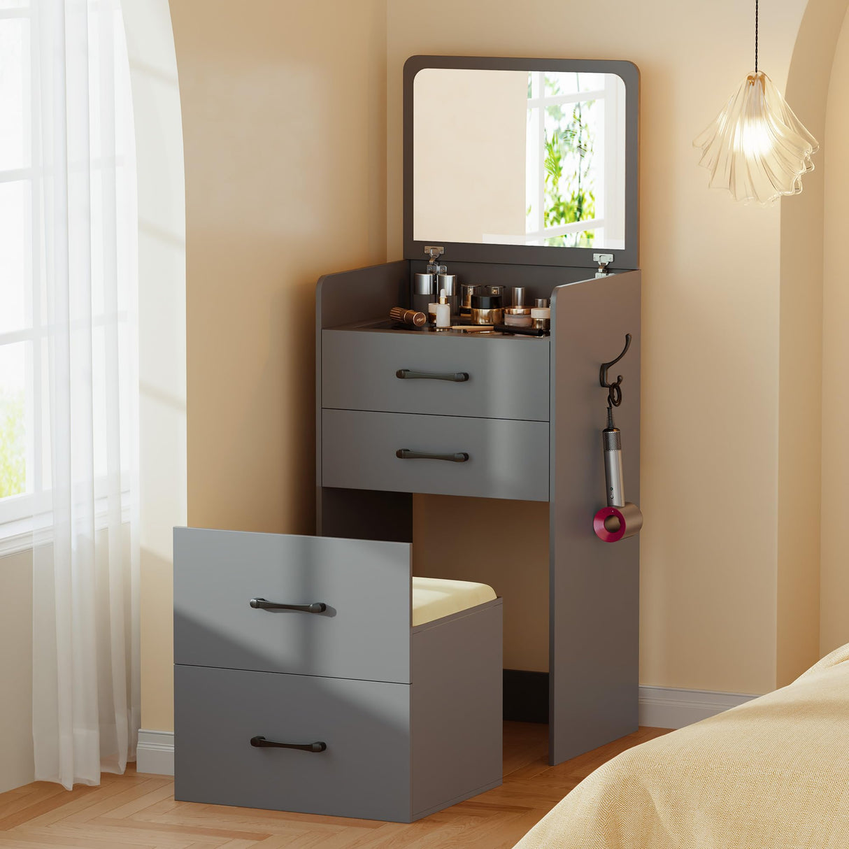 Gurexl 3 in 1 Vanity Desk with Flip Top Mirror,Small Make Up Vanity Set with Visible Glass Desktop,Cushioned Tool,Dressing Table for Bedroom,Compact Makeup Vanity with 3 Drawers,Grey Gurexl