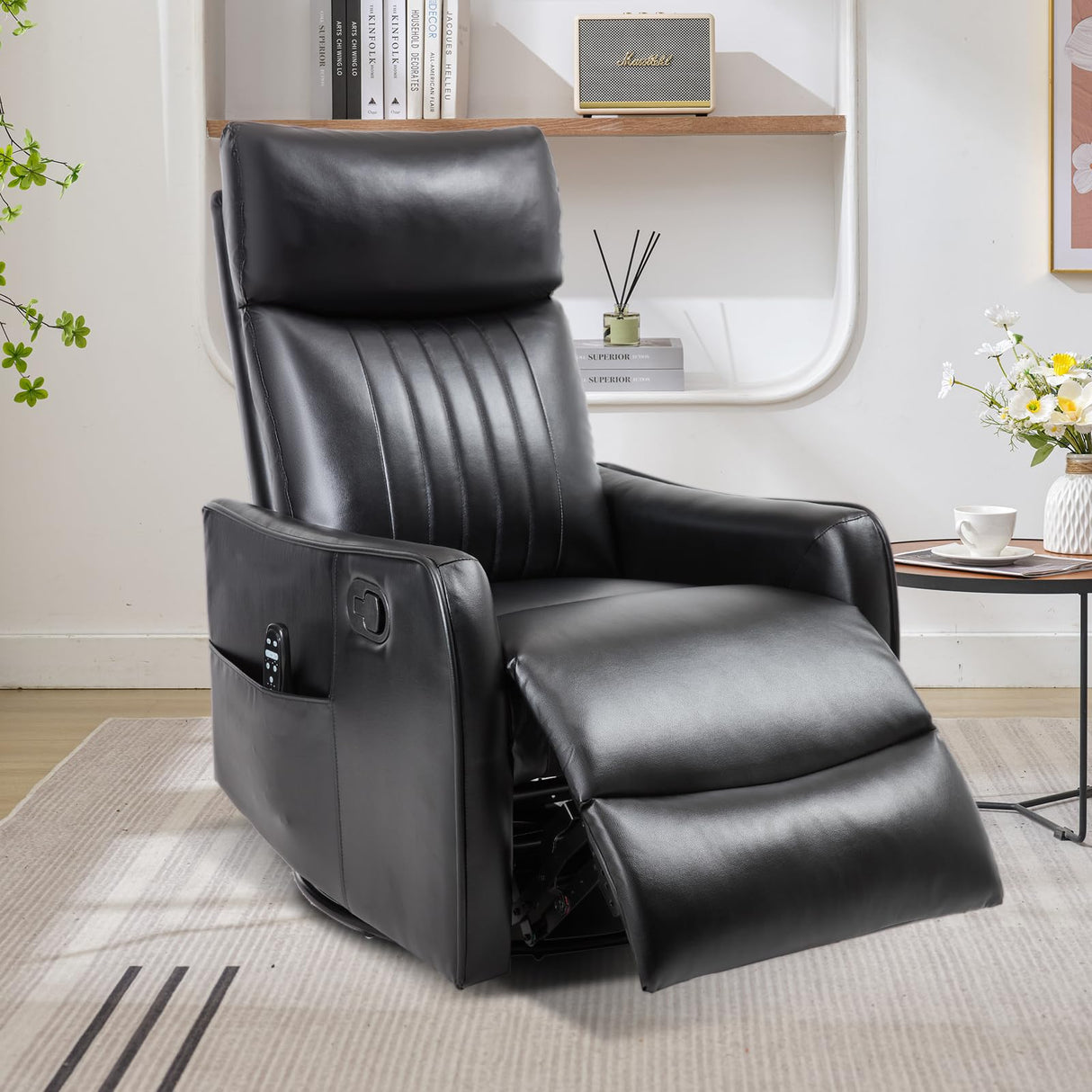 Trustyue Swivel Rocker Recliner Chair, 360° Swivel Recliner with Heat and Massage, Rocker Recliner Nursery Glider Chair with Side Pockets for Living Room (Black, Faux Leather) Trustyue