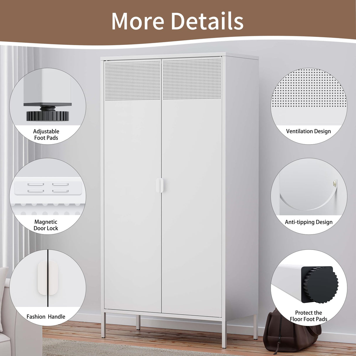 Washsemba Metal Storage Cabinets Locker with Hanging Rod and Adjustable Shelves, 71'' Clothing Steel Storage Wardrobe for Home & Office, School, Employee,Gym(White) Washsemba