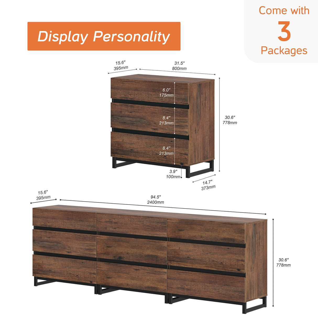 WAMPAT Dresser for Bedroom, Closet Organizers and Storage with 9 Drawers, Chest of Drawers with Metal Base, Wooden Modern Dresser for Living Room, Hallway, Entryway, Brown WAMPAT