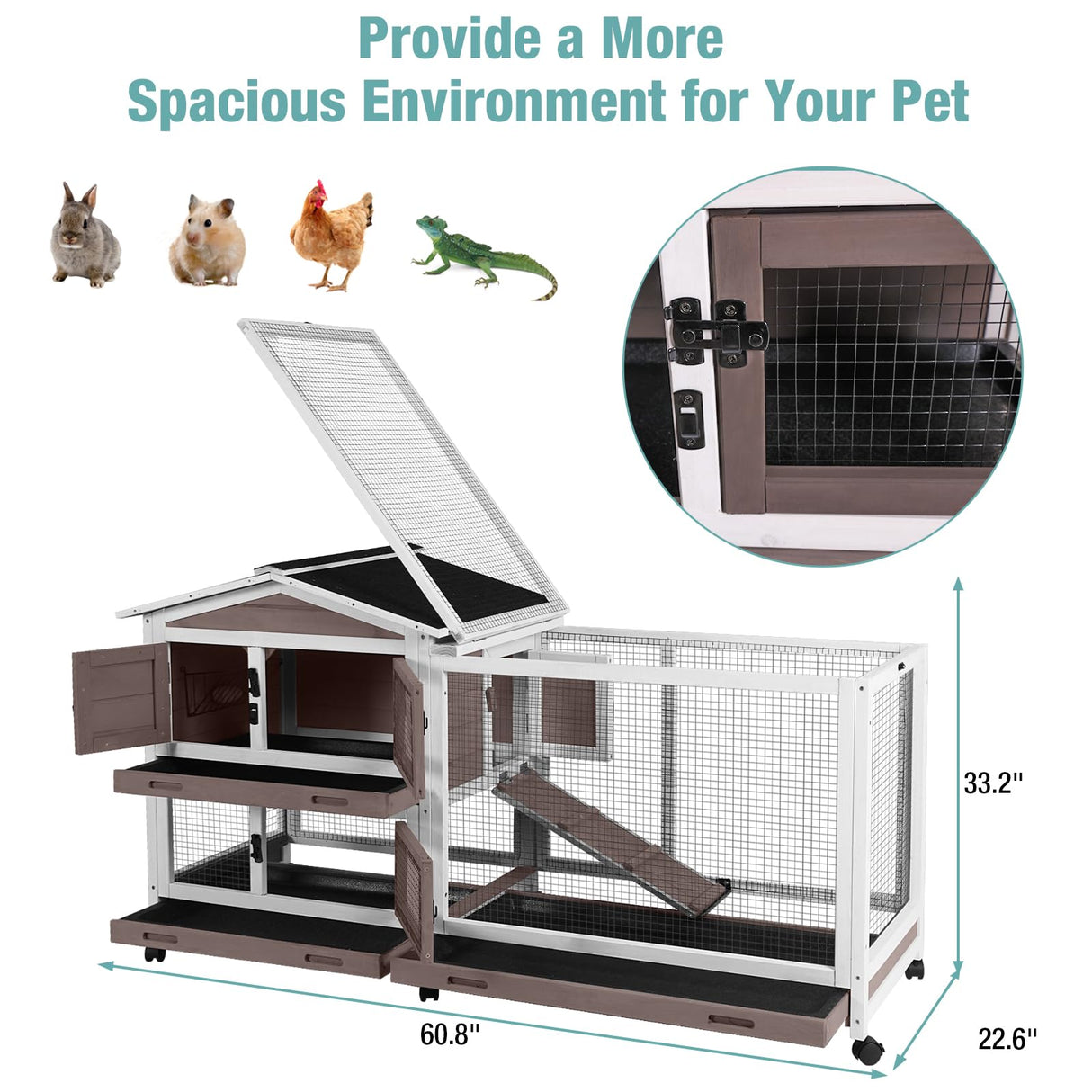 Suumerpety Rabbit Cage,Indoor Rabbit Hutch with Matel Frame and Pull Out Tray,Bunny Hutch Chicken Coop with Run (Brown) Suumerpety