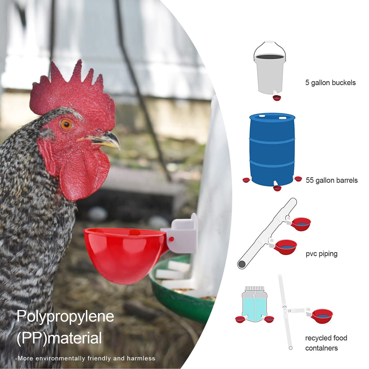 Darcvds Professional Chicken Waterer Cups, 8 Packs Large Chicken Water Feeder, Tee Fittings Poultry Waterer Suitable for Duck, Chicks, Goose, Turkey, Bunny and Bird with Mounting Hole Opener Darcvds