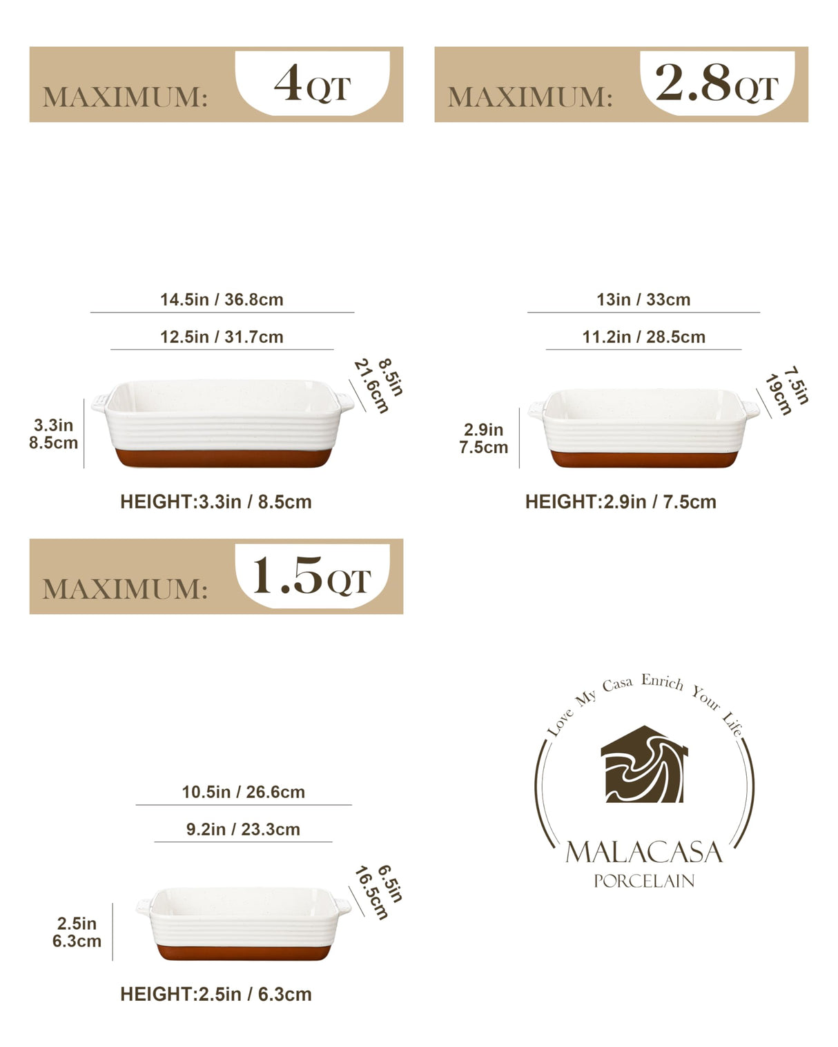 MALACASA Casserole Dishes for Oven, Ceramic Baking Dishes Set of 3, Baking Pan Casserole Dish Set, Rectangular Lasagna Pan Deep with Handles for Baking, Khaki White (14.5''/13''/10.5''), Series TARA MALACASA