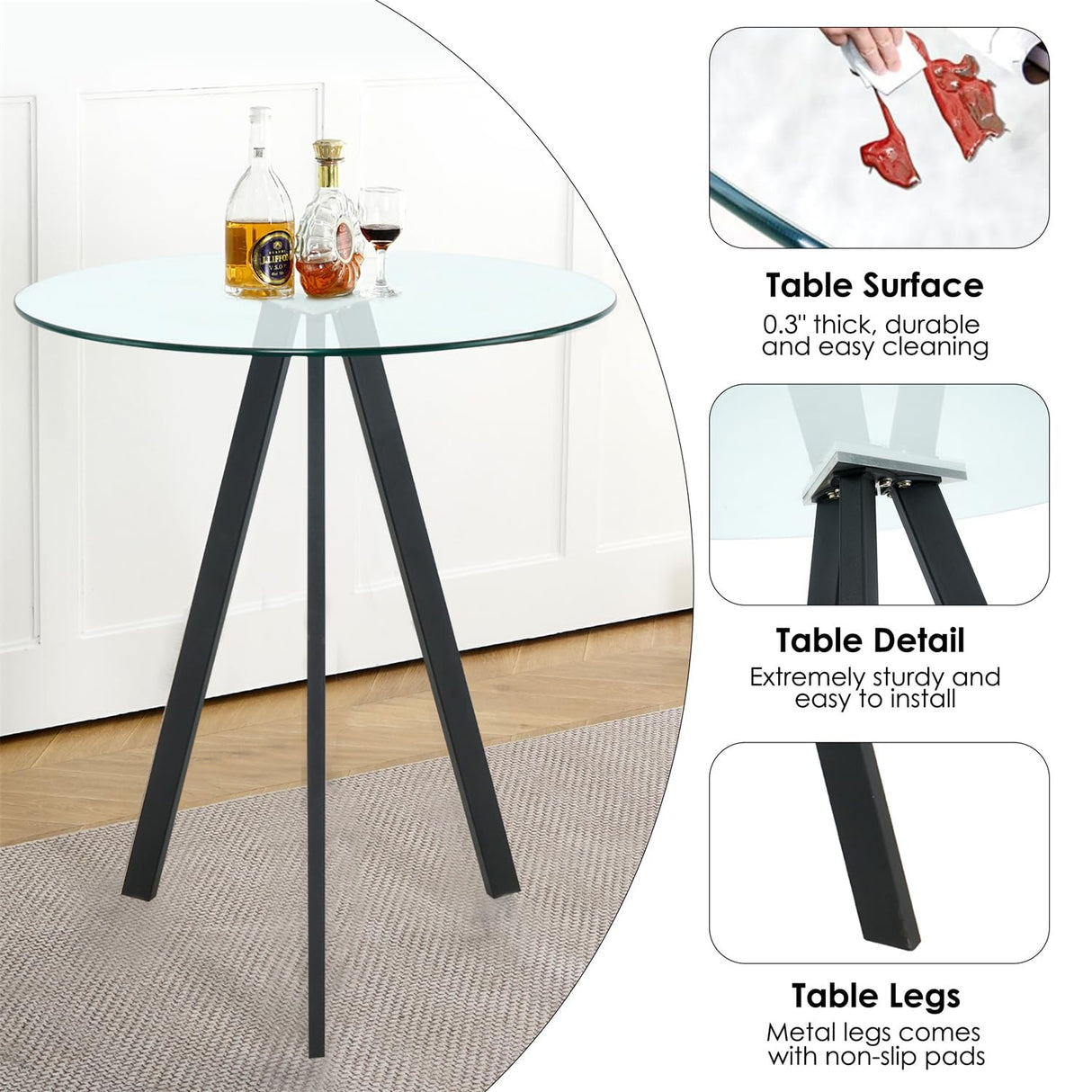 SIZOTA Round Bar Table, 37.4" High Pub Table, 31" Small Cocktail Table with Metal Base & Glass Top, for Small Spaces, Bistro Pub, Cafe(Black) SIZOTA