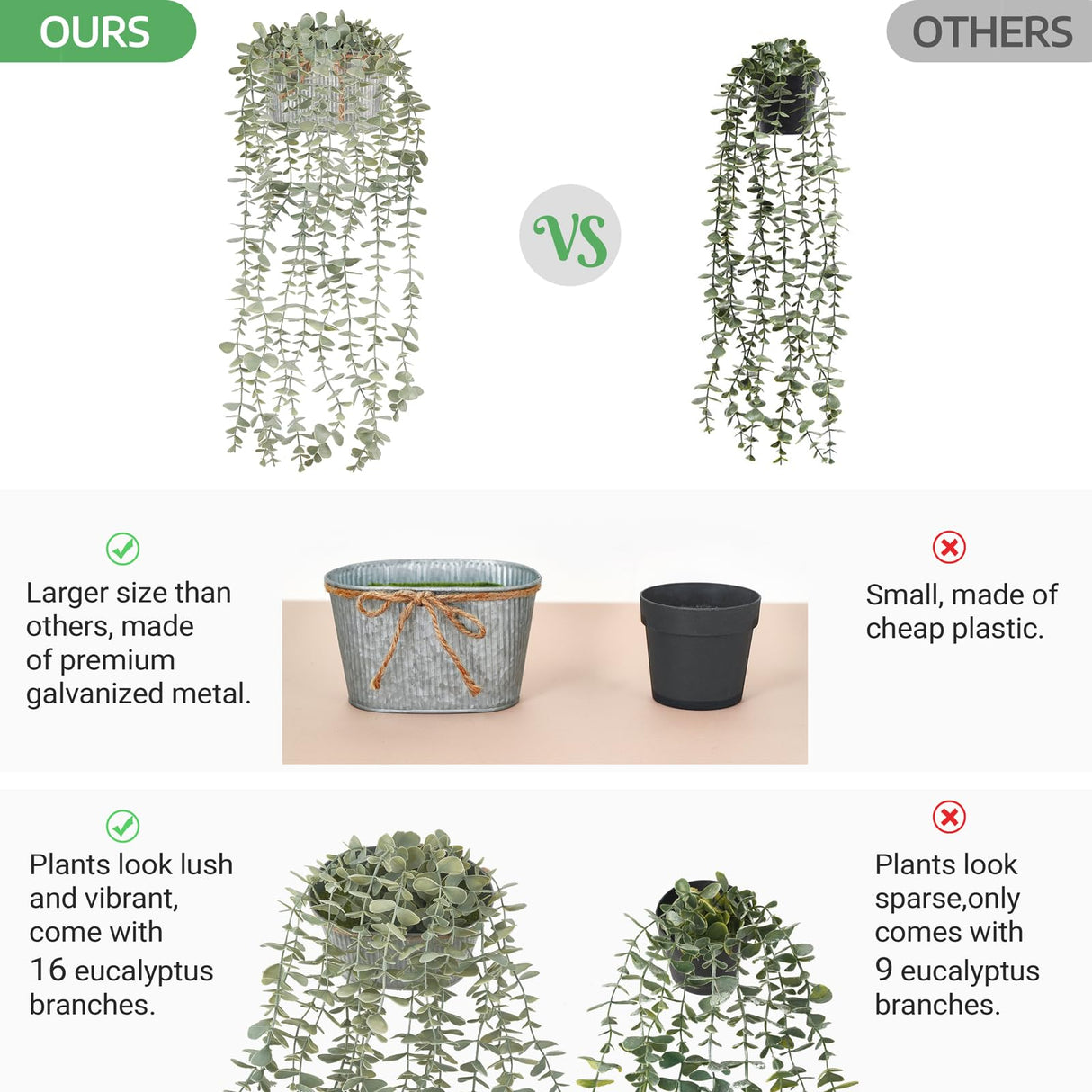 Mkono Fake Hanging Plants in Farmhouse Galvanized Pots Rustic Faux Potted Eucalyptus Greenery Indoor Artificial Plants for Book Shelf Mantel Living Room Bathroom Bedroom Home Office Decor Mkono