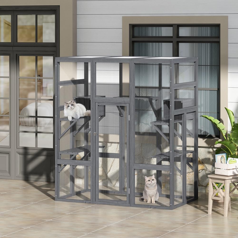 COZIWOW 70Inches Large Spacious Wooden Outdoor Cat Catio with Perches and Condos, Cat Cage Enclosure Indoor Kitty Window Kennel with Waterproof Roof, 7 Platforms & 2 Resting Box, UV Resistant (Grey) COZIWOW