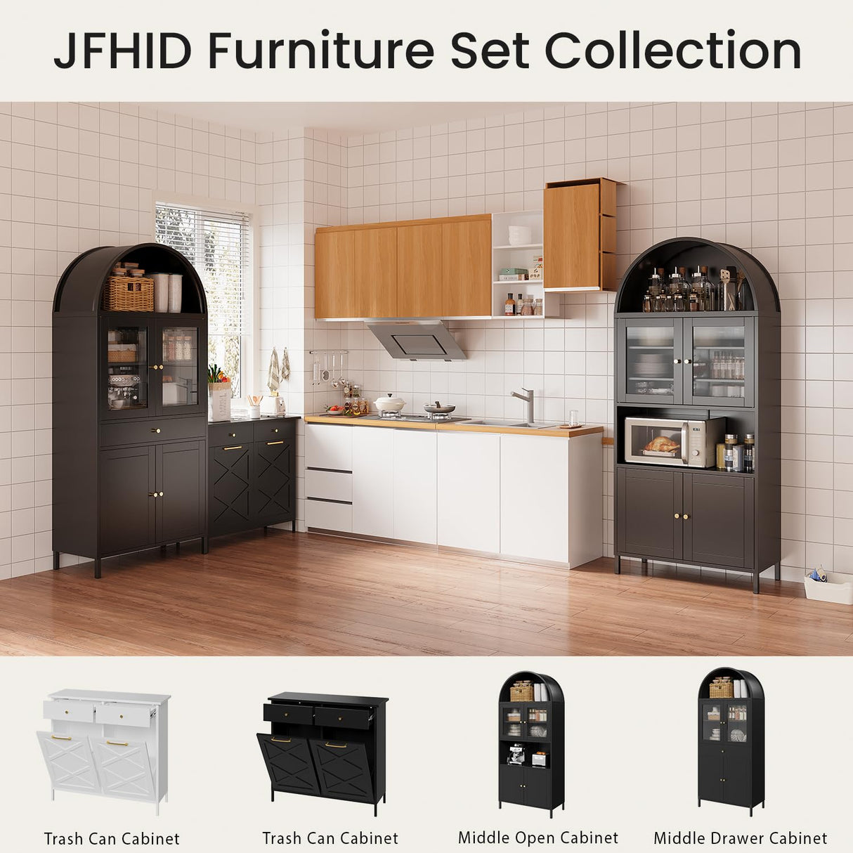 JFHID 73'' Arched Metal Storage Cabinet, Modern Kitchen Pantry with Glass Door & Adjustable Shelves, Display Bookcase Curio Cabinet for Living Room, Dining Room or Kitchen JFHID