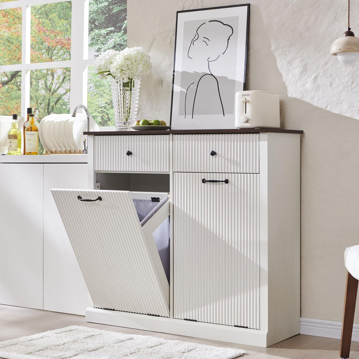 IFGET Modern Double Tilt-Out Trash Cabinet, 20 Gallon Fluted Laundry Hamper Cabinet with 2 Drawers, Wooden Hidden Garbage Can Cabinet with Storage Basket,Free Standing for Kitchen & Living Room, White IFGET