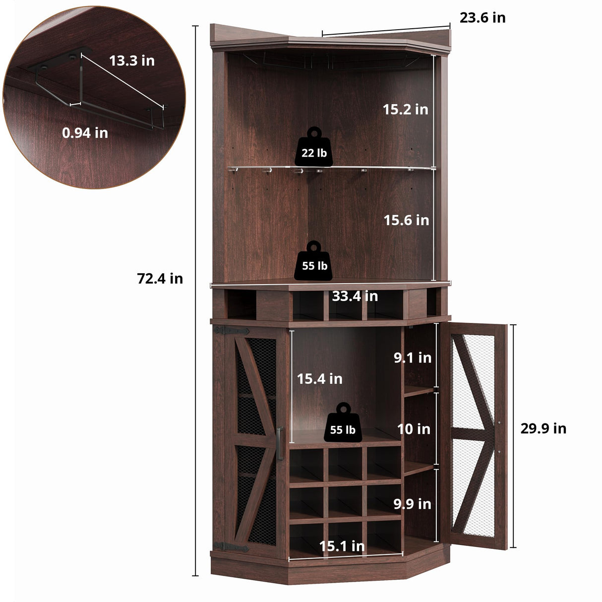 IRONCK Corner Bar Cabinet, 72.4" Tall Wine Cabinet with LED Light & Tempered Glass Rack, Home Bar Liquor Cabinet & Coffee Bar with Barn Door & Adjustable Shelf for Living Room, Dining Room, Red Walnut IRONCK