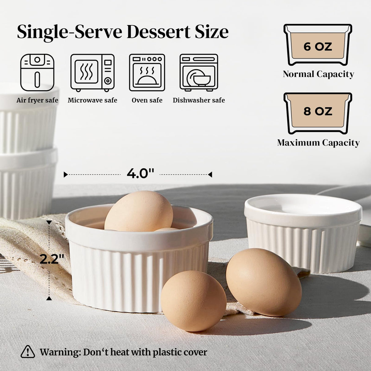 DOWAN Ramekins 8 oz Oven Safe with Lids, Creme Brulee Ramekins Bowls, Porcelain Ramiken Souffle Dishes, Custard Cups for Baking, Small Bowls for Pudding Dip Sauces Charcuterie Dessert, White, Set of 6 DOWAN