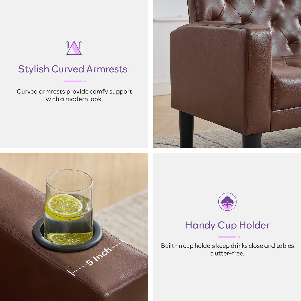 TYBOATLE 62" W Leather Loveseat w/Chairs, 3 Piece Sofa Sets for Living Room w/ 2 USB Charger Ports and 2 Cupholders, Living Room Furniture Sets of 3 (3, Brown) TYBOATLE