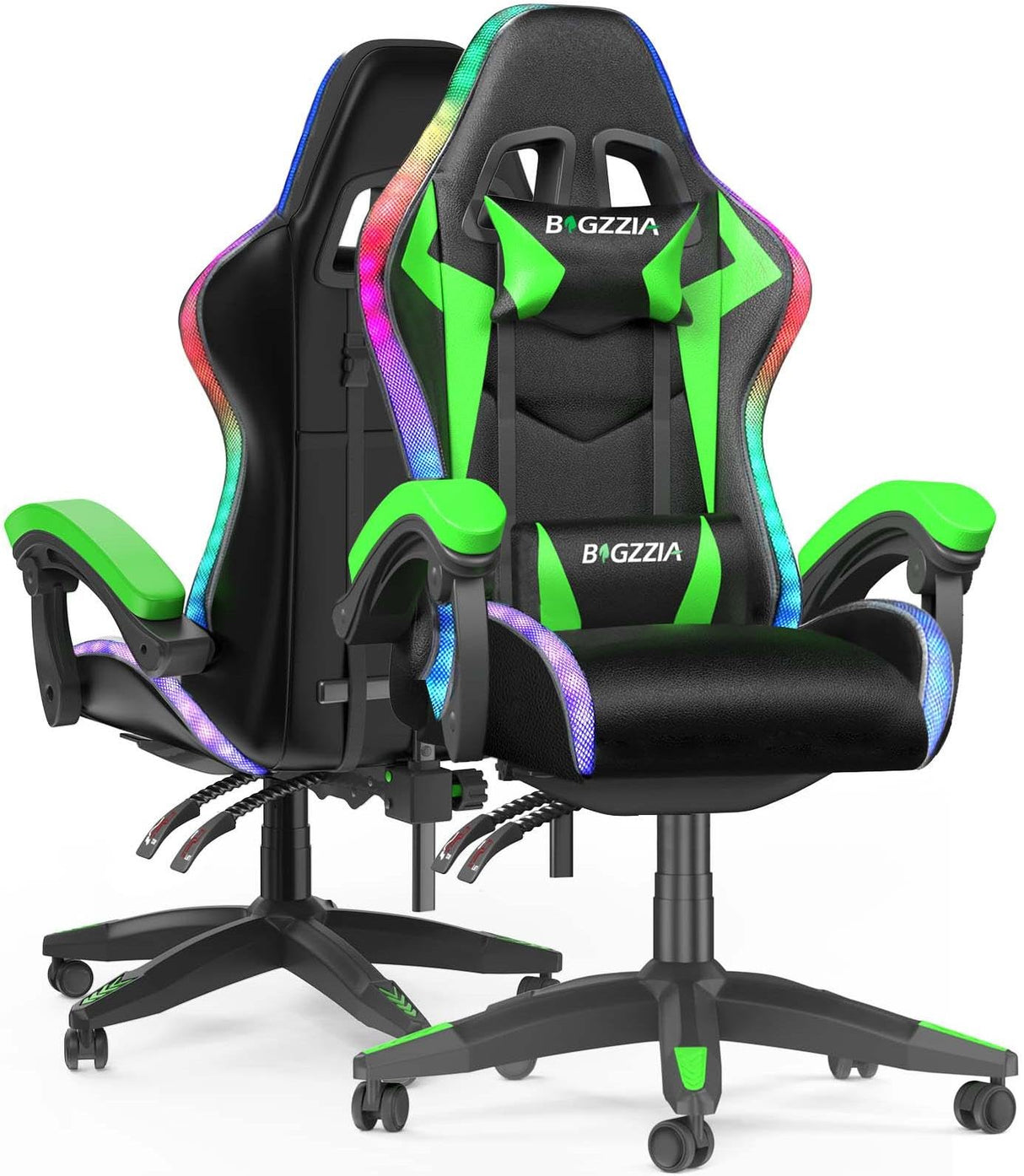 Bigzzia RGB Gaming Chair with LED Lights and Ergonomic Computer Chair Reclining PU Leather High Back Video Game Chair with Headrest Adjustable Lumbar Support Linkage Armrest for Adults (Black/Green) Bigzzia
