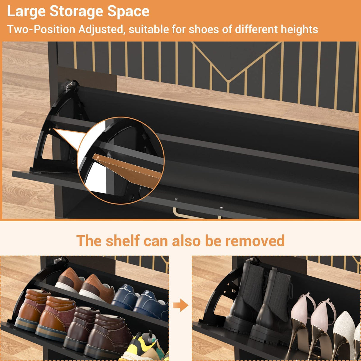 Aheaplus Shoe Cabinet with Flip Doors, Shoes Storage Organizer with Motion Sensor Led Light, Entryway Wood Freestanding Tipping Bucket Shoe Rack with Open Shelves for Closet, Living Room, Black Aheaplus