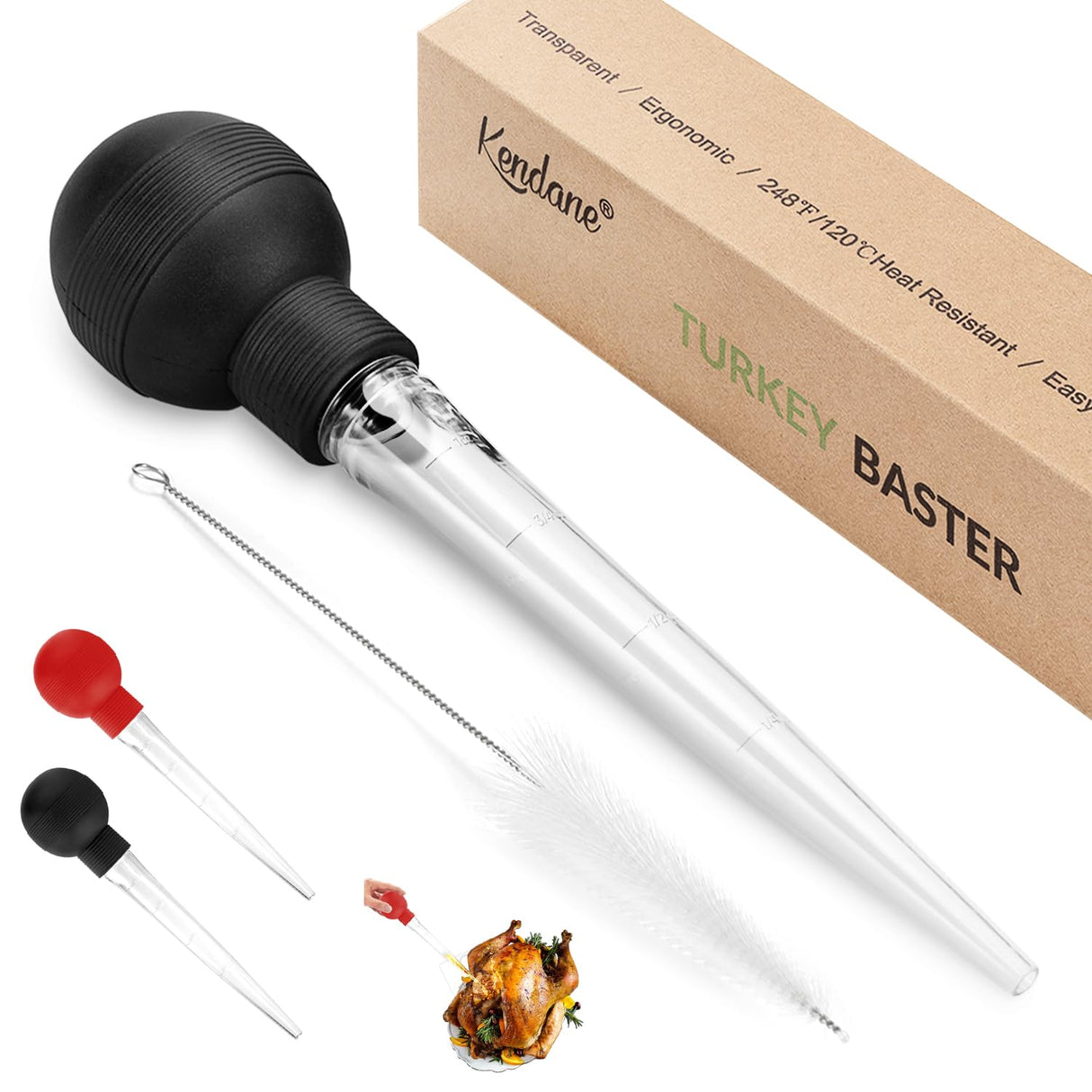 Kendane Turkey Baster With Cleaning Brush, Baster Syringe for Home Baking and Roaster Turkey, Include Detachable Food Grade Bulb with Double Scales for BBQ Grill Baking Kitchen Cooking Kendane