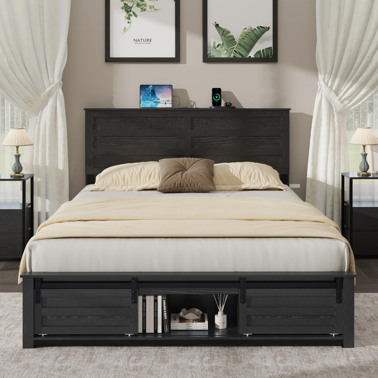 Full Bed Frame with Storage Headboard, Metal Platform Bed Frame with 3 Storage Compartments, Built-in Charging Station and LED Lights, No Box Spring Required, Noiseless, Easy Assembly,Antique Black QNICE
