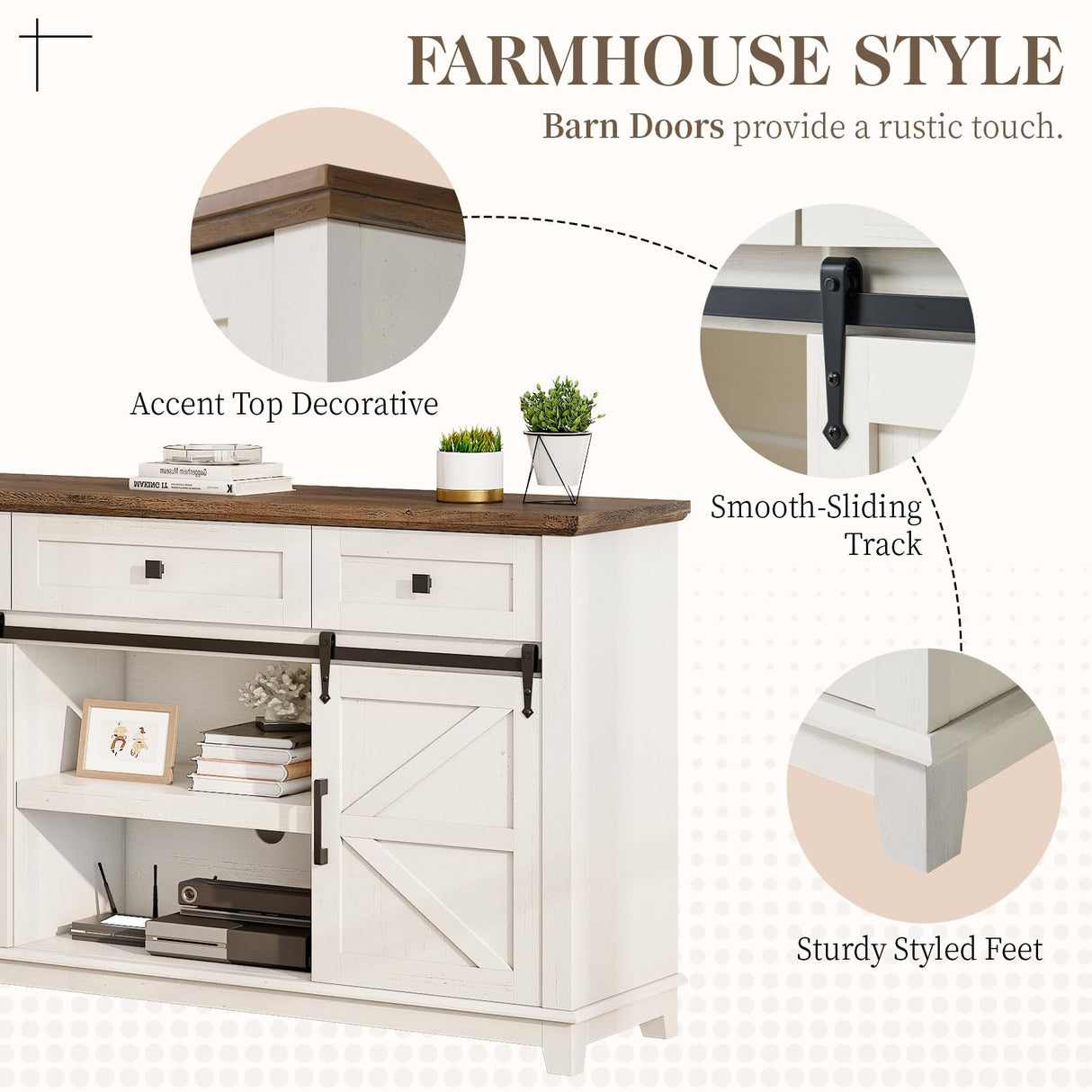 LUXOAK Farmhouse TV Stand with Sliding Barn Door & Drawer, 59" Rustic Entertainment Center for TVs up to 65", Buffet Storage Cabinet for Living Room, Bedroom, Dinning Room, White+Barnwood LUXOAK
