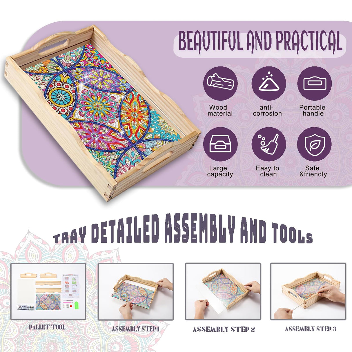 EWJRNSF Diamond Art Kits for Adults Wooden Serving Trays with Handles, 5D Diamond Painting Big Gem Arts and Craft Gifts Trays Decor Gift Home Decor 7.8x11.8 Inches Mandala A EWJRNSF