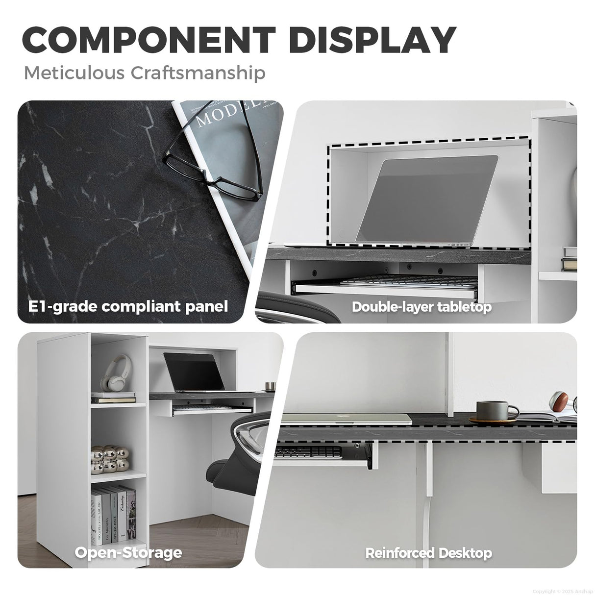 Anzhap L-shaped Standing Reception Desk with LED Lights, Front Desk Reception Counter with Drawer, Open Storage Cabinets for Office, Salon, Lobby (Black Grain + White Grain/Left, 71"L * 24"W * 39"H) Anzhap