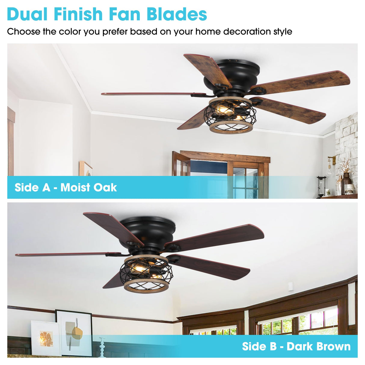 Parrot Uncle Low Profile Ceiling Fans with Lights and Remote, 48 Inch Black Ceiling Fan with Light Flush Mount Farmhouse Rustic Hugger Fan for Bedroom, Reverse Airflow, Timer, FREE Replacement Parrot Uncle