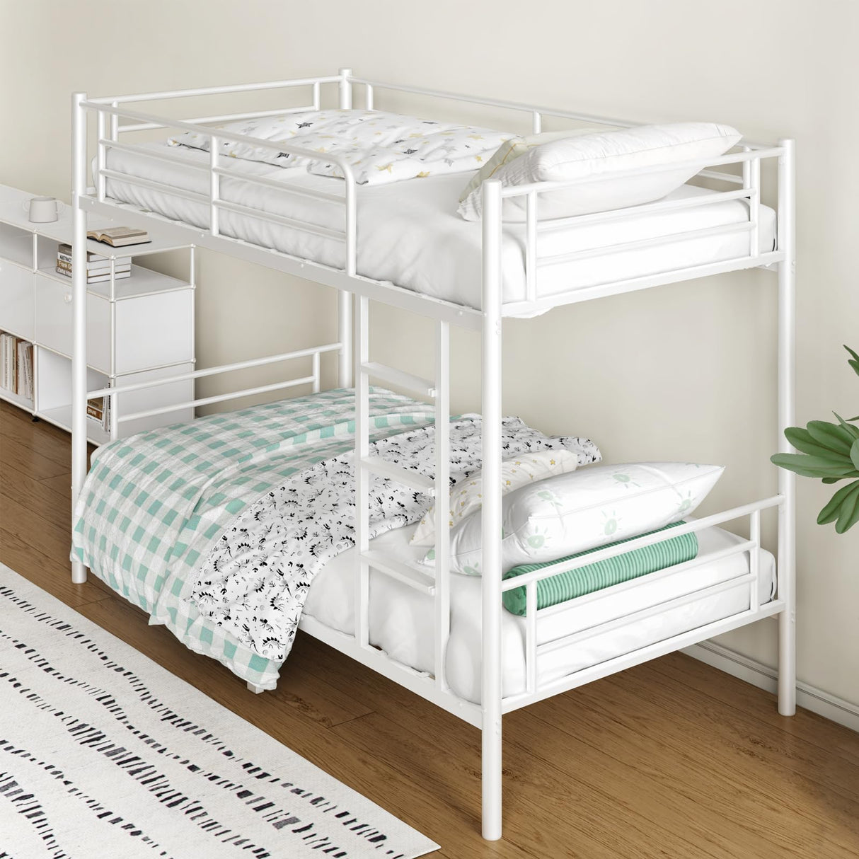 QUJEON Bunk Bed,Twin Over Twin Bunk Beds for Kids Teens Adults,Heavy Duty Metal Slats Bed Frame with Ladders and Guardrail,400 lbs Capacity,No Spring Box Required,White QUJEON
