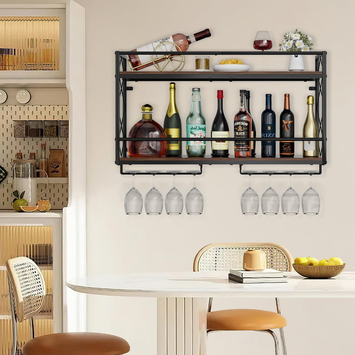 NEYCIL Wall Mounted 2 Tier Wine Rack with Glass Holder, Double Layer Anti-Drop Crossbar, 31.5" Metal Wood Wall Mount Wine Rack for Home Kitchen Dining Room Coffee Shop Bar, Black NEYCIL