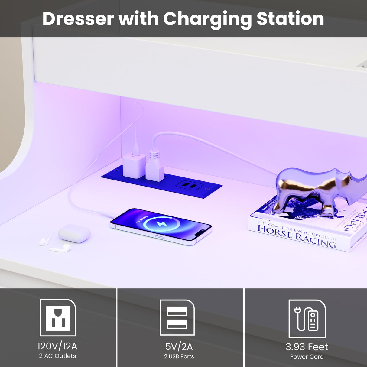 White Dresser for Bedroom, 6 Drawer Dresser with LED Lights and Charging Station, Wide Chest of 6 Drawers with Open Space, Modern Large Capacity Storage Cabinet, Living Room, Hallway GarveeHome