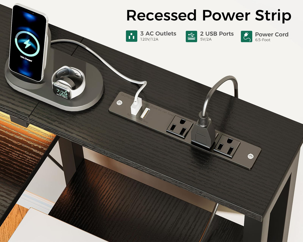 AODK 48-Inch Gaming Desk with Power Outlets & LED Light, Reversible PC Desk with Fabric Drawer and File Cabinet, Computer Desk with Keyboard Tray, Table with Full Monitor Riser and PC Stand, Black AODK