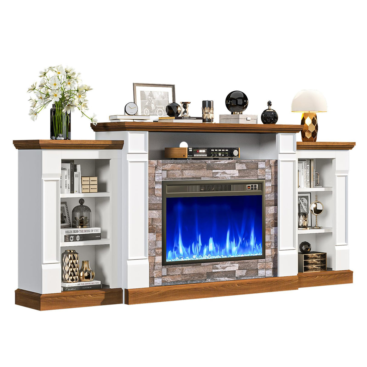 oneinmil 70" Fireplace TV Stand, Electric Fireplace with Mantel, Modern Entertainment Center with Open Storage, Remote Control, Adjustable Flame, Fire Place TV Stand for Living Room, Bedroom Oneinmil