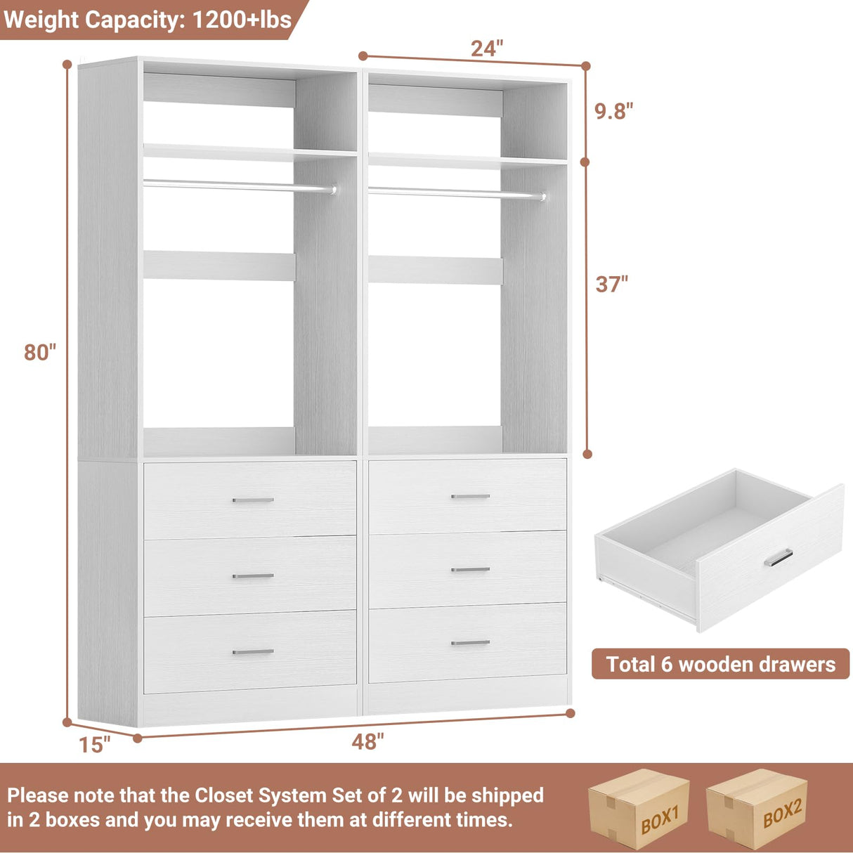 Besiost Closet System Set of 2, 4FT Closet Systems with 6 Wood Drawers, 48" Closet Organizer System with 2 Hanging Rods & 2 Shelves, Heavy Duty 48 Inch Walk-in Closet , White (48"L x 15" W x 80" H) Besiost