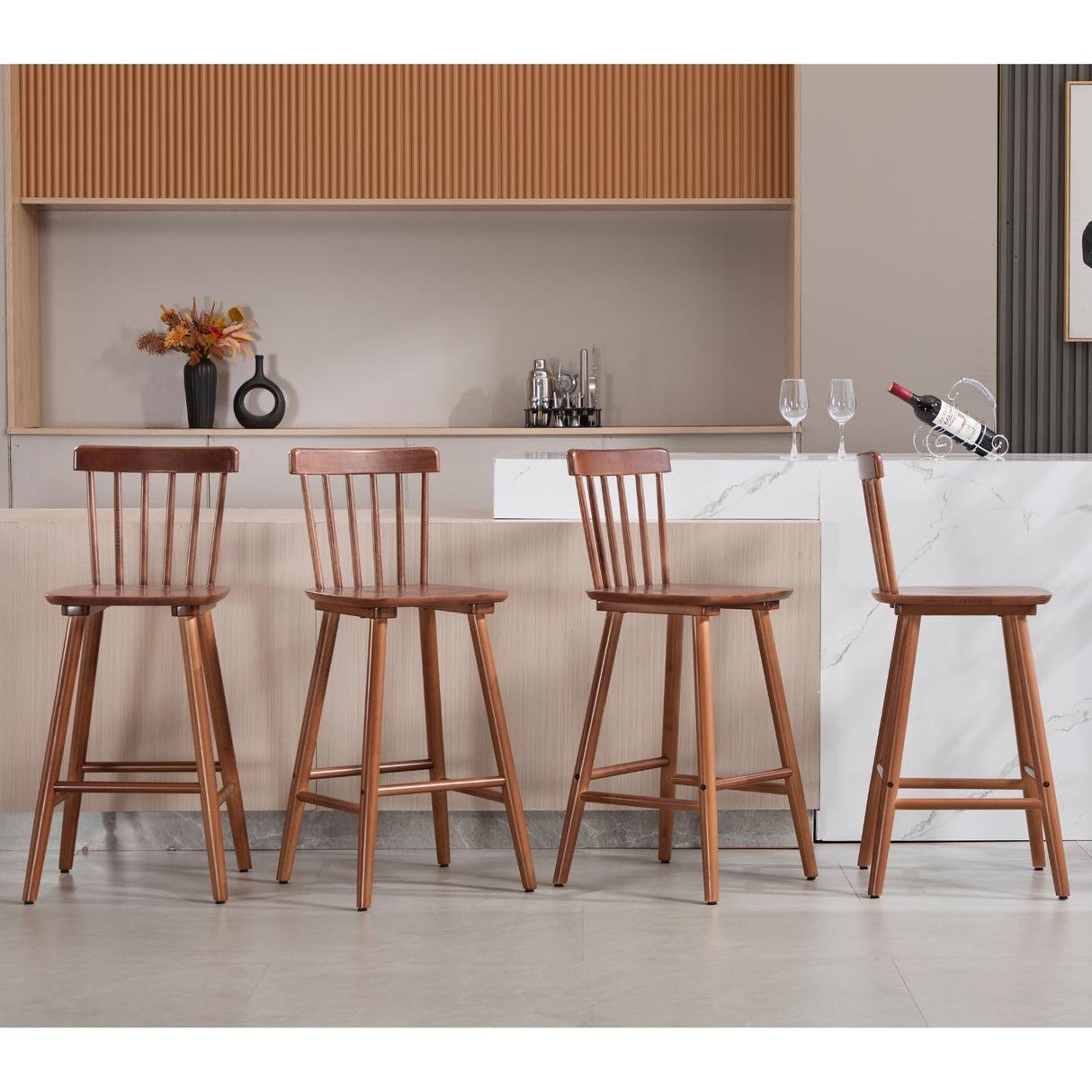 chairus 26" Farmhouse Wooden Bar Stools Set of 2, Windsor Spindle Back Counter Height Stools, Modern Armless Bar Chairs for Kitchen Island Dining Room Cafe, Walnut Brown chairus