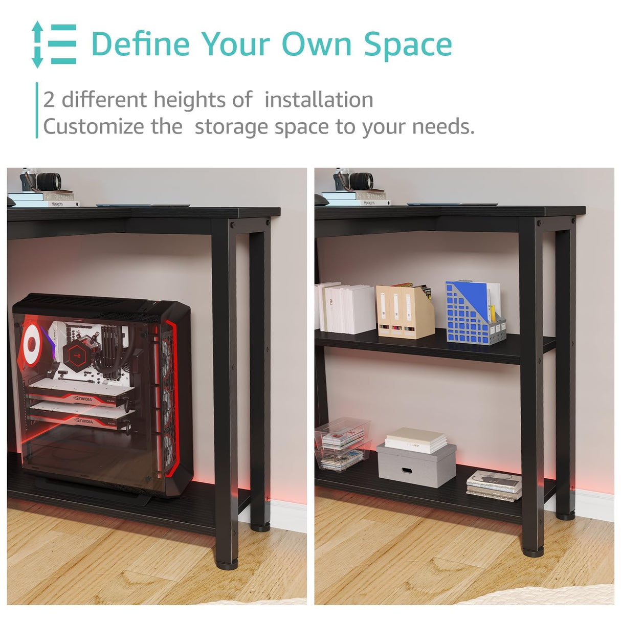 Lufeiya L Shaped Gaming Desk with Led Lights and Power Outlets, 47 Inch Writing Study Computer Desks with Fabric Drawers for Bedroom, Corner Home Office Desk with Monitor Stand Shelves, Black Lufeiya