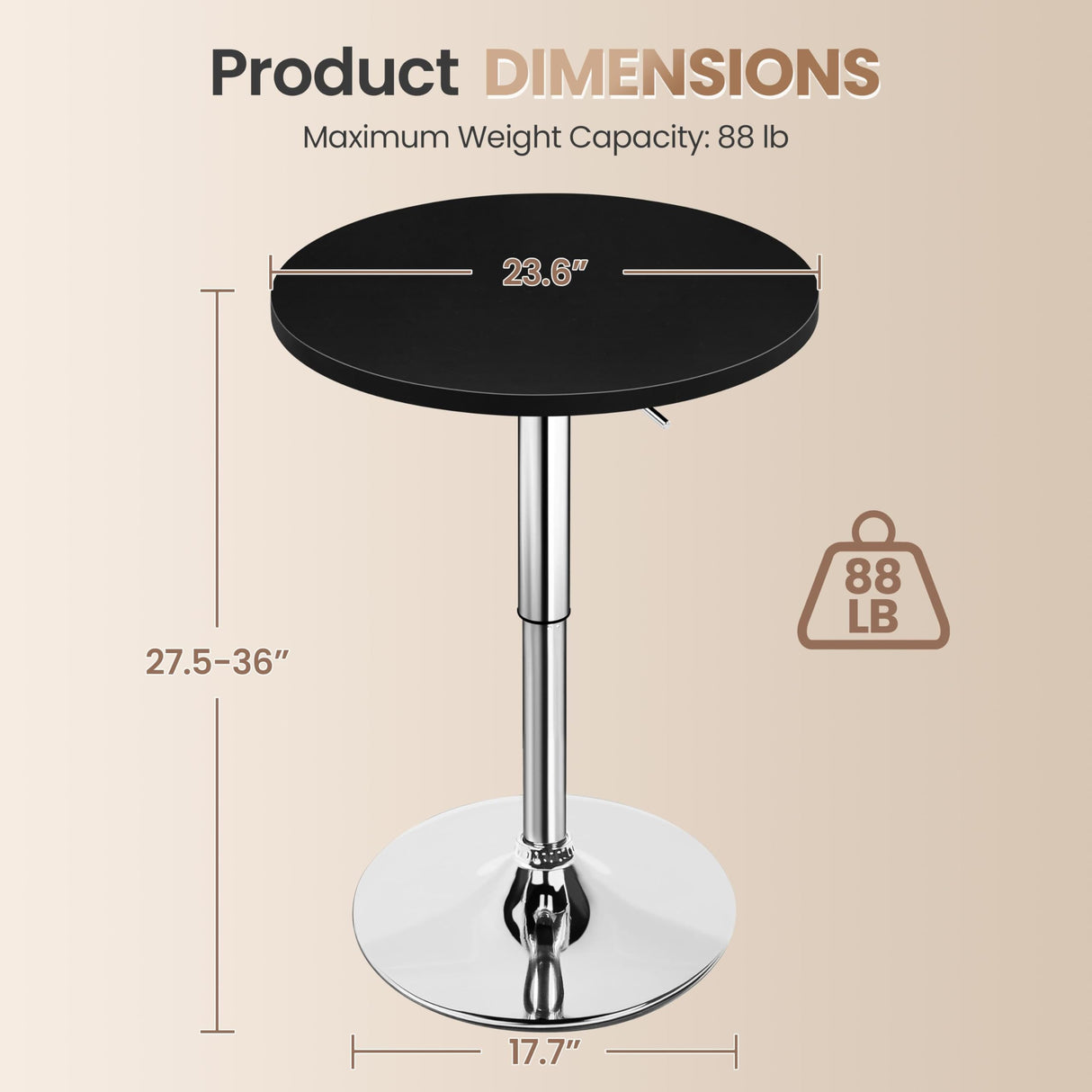 Topeakmart Height Adjustable Round Pub Table 360° Swivel Counter Bar Tables Bistro Tall Cocktail MDF Top, Black Topeakmart