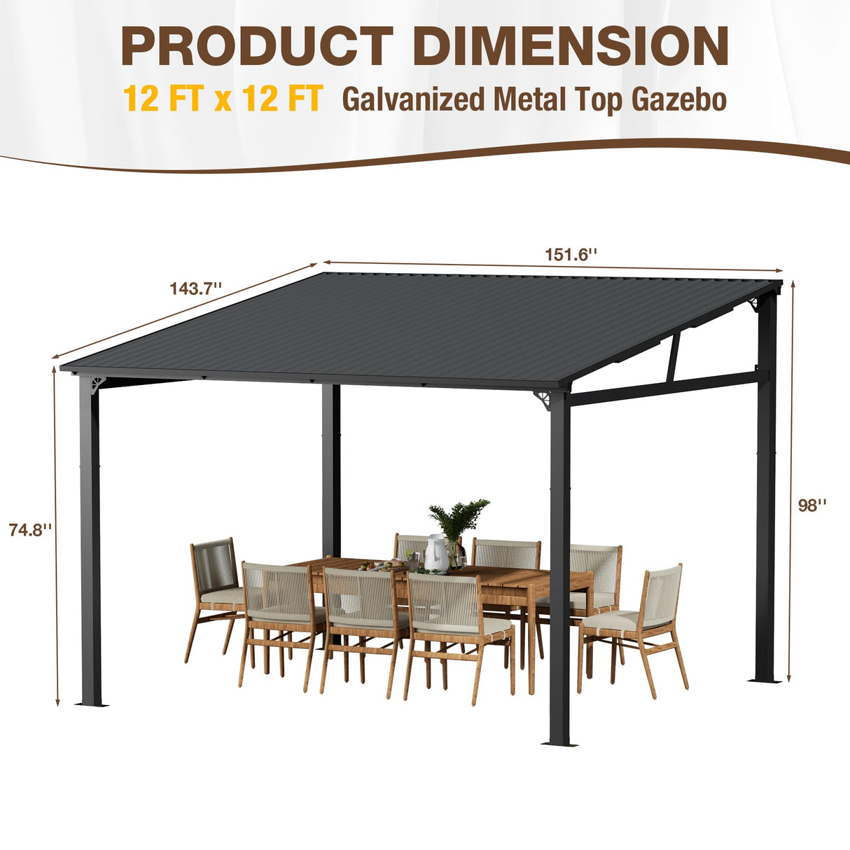 EBE 12' x 12' Hardtop Gazebo, Heavy Duty Lean to Metal Gazebos Outdoor Pergola, Wall Mounted Gazebo with Galvanized Steel, Patio Roof Awning for Patio, Deck, Backyard EBE