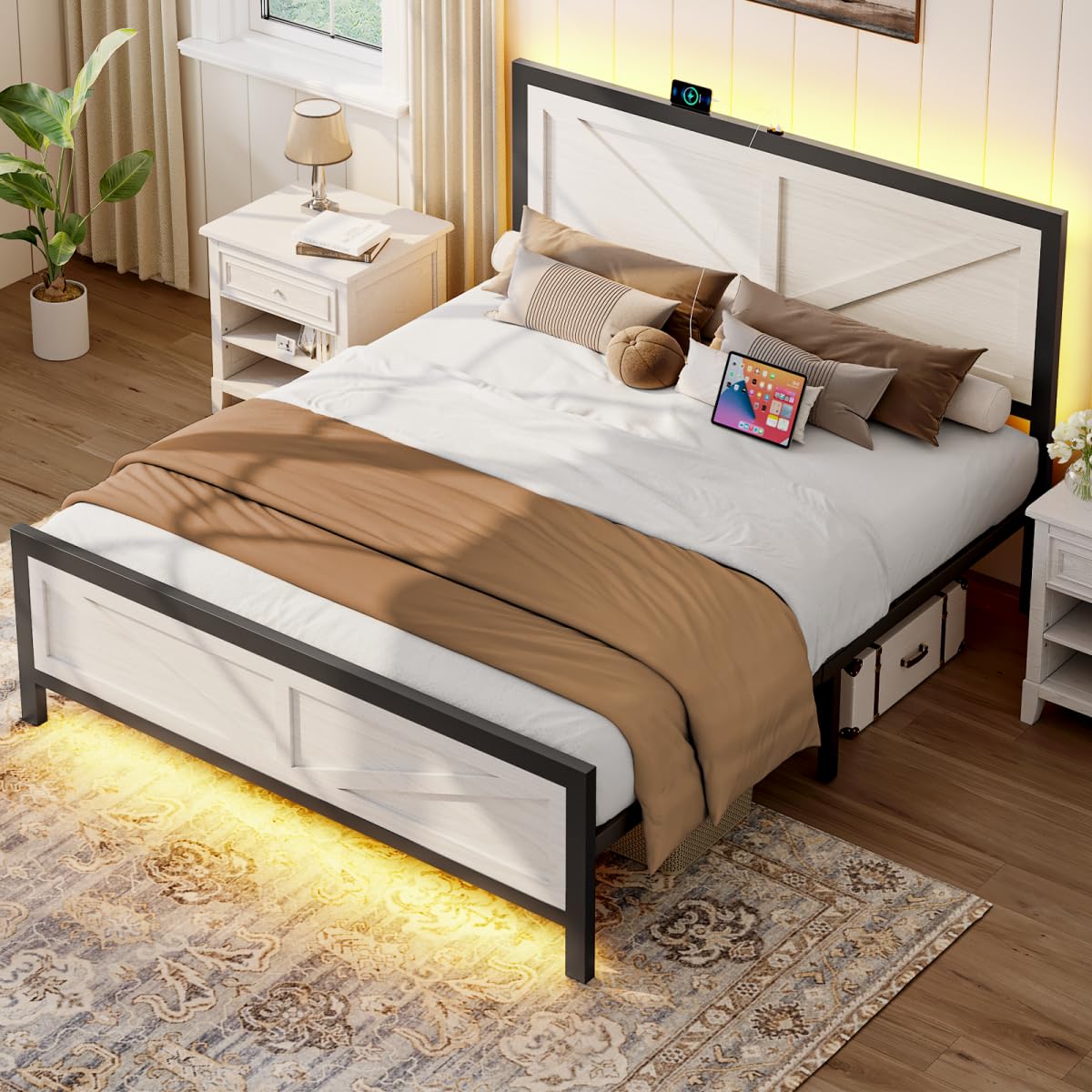 Siihnon Rustic Bed Frame King Size with Barn Door Headboard, LED Bed Frame with Charging Station, Industrial Platform Metal Bed Frames, No Box Spring Needed, Easy Assembly, White Siihnon