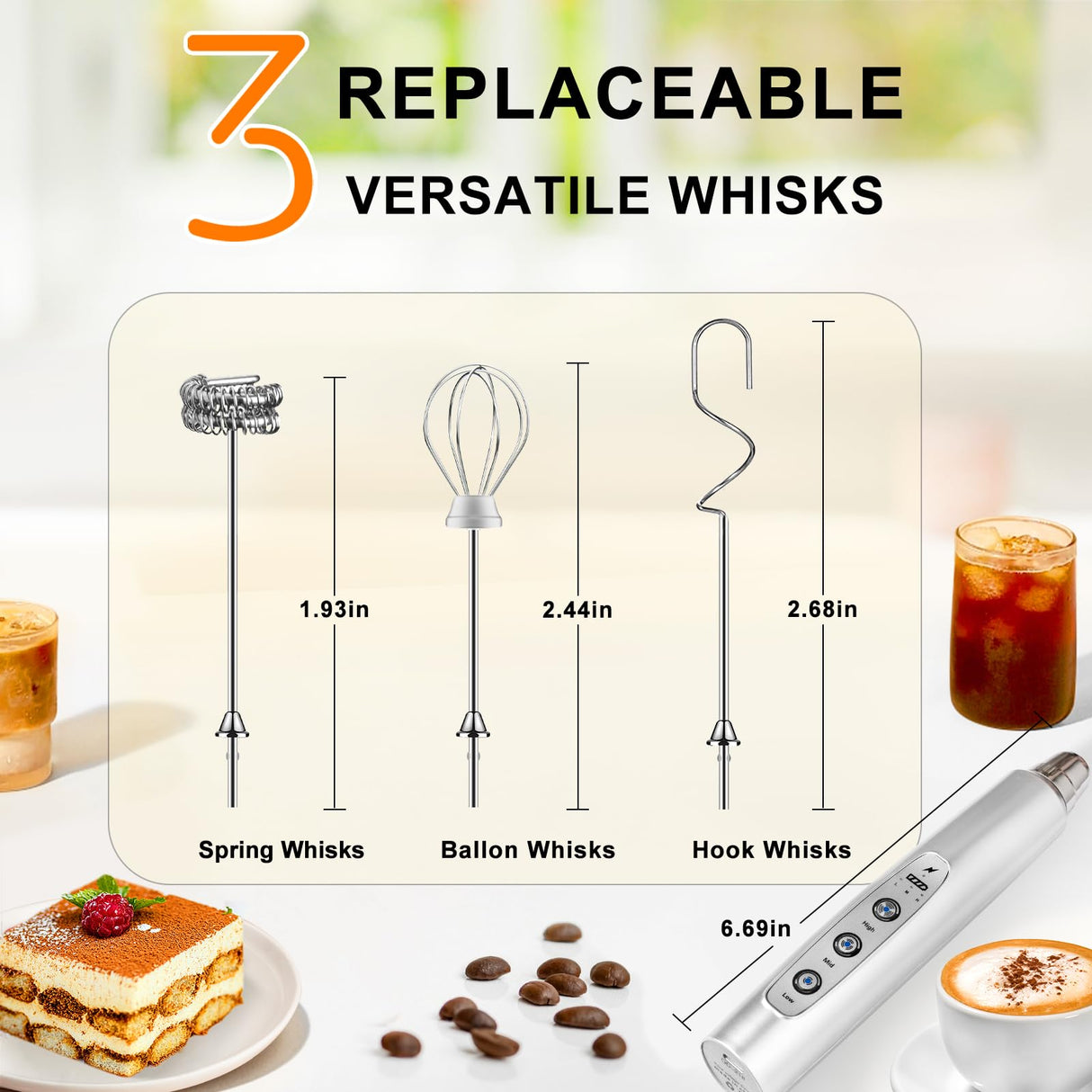 YUSWKO Rechargeable Milk Frother Handheld with 3 Heads, Silver Coffee Electric Whisk Drink Foam Mixer, Mini Hand Stirrer with 3 Speeds Adjustable for Latte, Cappuccino, Hot Chocolate, Egg YUSWKO