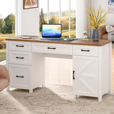 Farmhouse 61'' Executive Desk with 5 Drawers, Rustic Office Desk Computer Desk with Charging Station, File Drawers and Storage Cabinet, Wood Workstation for Study and Home Office,(Unique White)