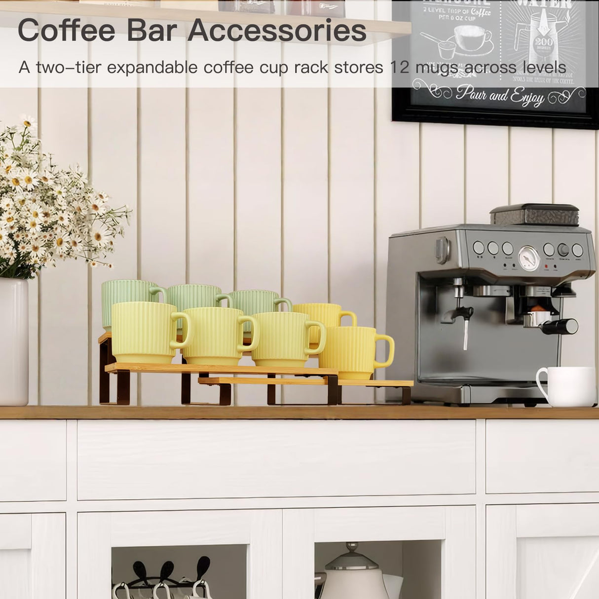 Expandable Coffee Mug Holder Cup Organizer for Kitchen Cabinets, Adjustable 2-Tier Under Cabinet Coffee Mug Holder Mug Display Shelf Space-Saving with Multi-Functional Use Solcasaco
