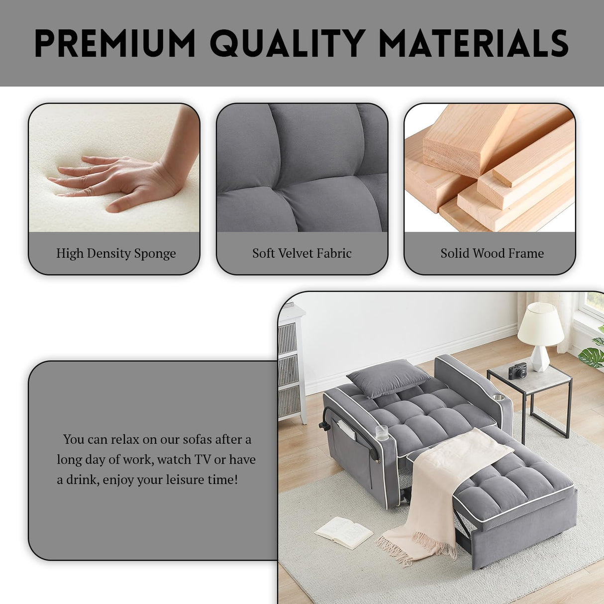 3 in 1 Sleeper Sofa Chair Bed,Velvet Convertible Sleeper Chair Bed,Pull Out Bed Chair With USB Port & Ashtray and Swivel Phone Stand & Storage Pockets,Modern Chair Sleeper Bed for Living Room jurmiture