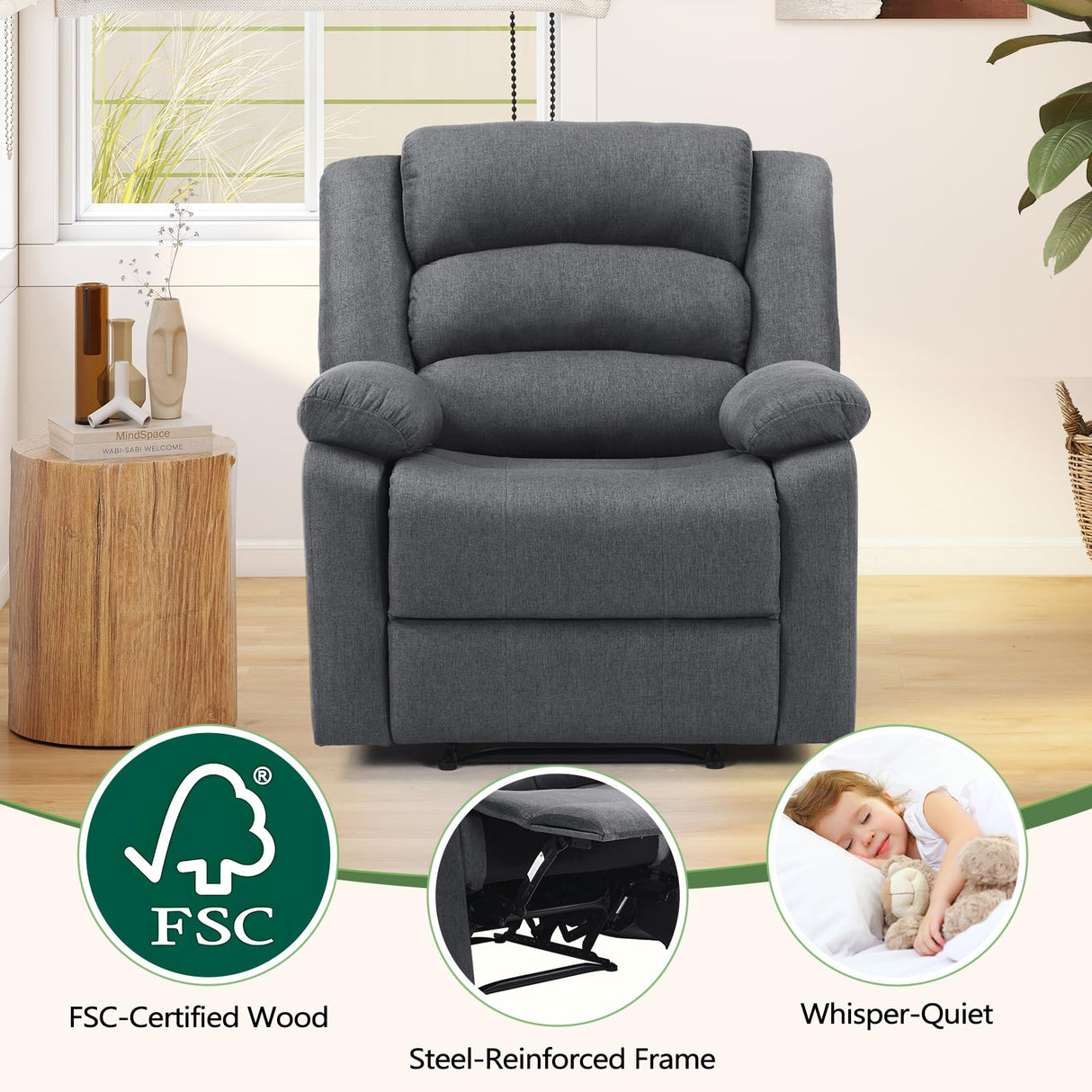 ANJ Fabric Recliner Chair with Overstuffed Arms and Back, Comfy Grey Manual Recliner for Adults, Living Room Single Sofa ANJ