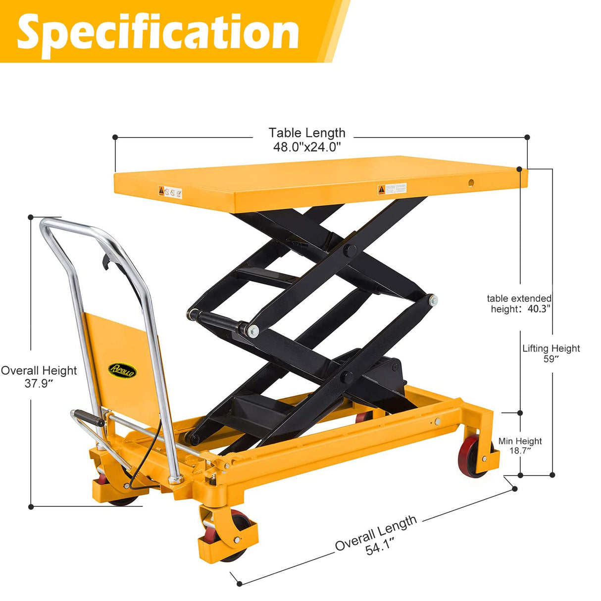 APOLLO Lift Table Cart Manual Double Scissor Lift Table Hydraulic Cart Platform Cart 1760lbs Capacity 59" Lifting Height APOLLO