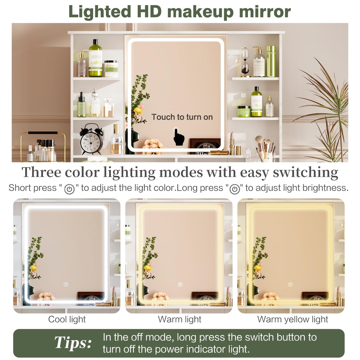 YYJ 74.8''Makeup Vanity Desk with Large Mirror and Lights&Charging Station,Modern Corner Vanity Table with 8 Storage Drawers and Shelves,Dressing Table with nightstand,Makeup Table for Bedroom,White YYJ