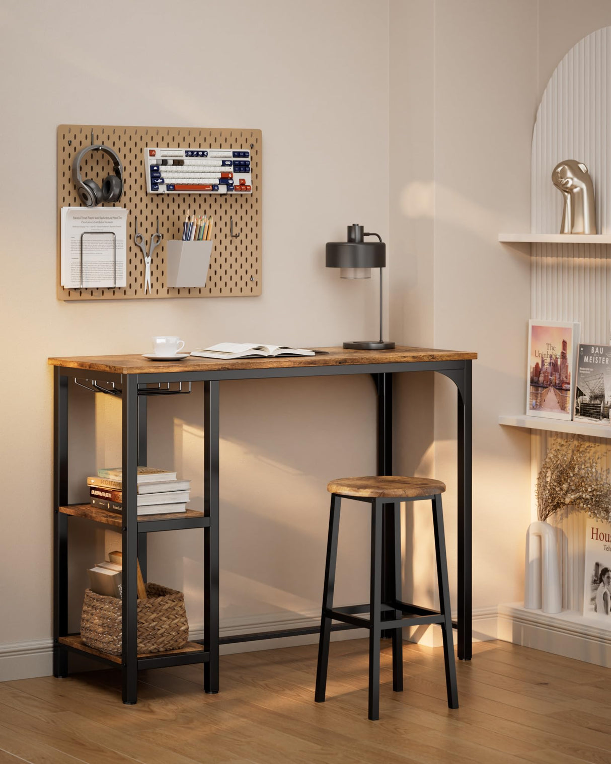 Qsun 3-Piece Bar Table Set for 2, Bar Table with Stools & 2 Storage Shelves, Small Bar Table Set with Glass Rack, Small Kitchen Table for Dining Room, Living Room, Rustic Brown Qsun